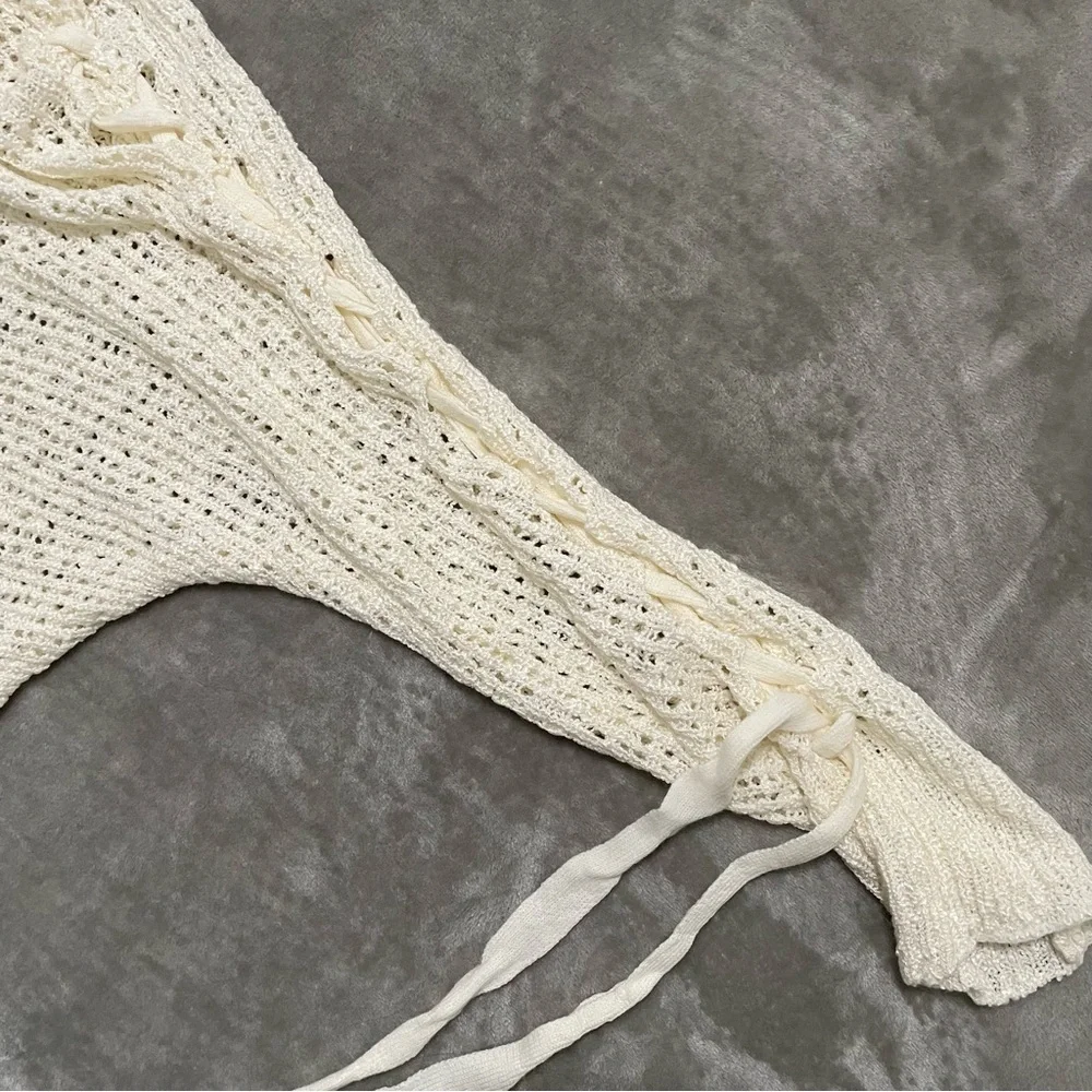 Rewind Ivory Crochet Knit Sweater Ribbon Sleeve Detail Lightweight Size XXL